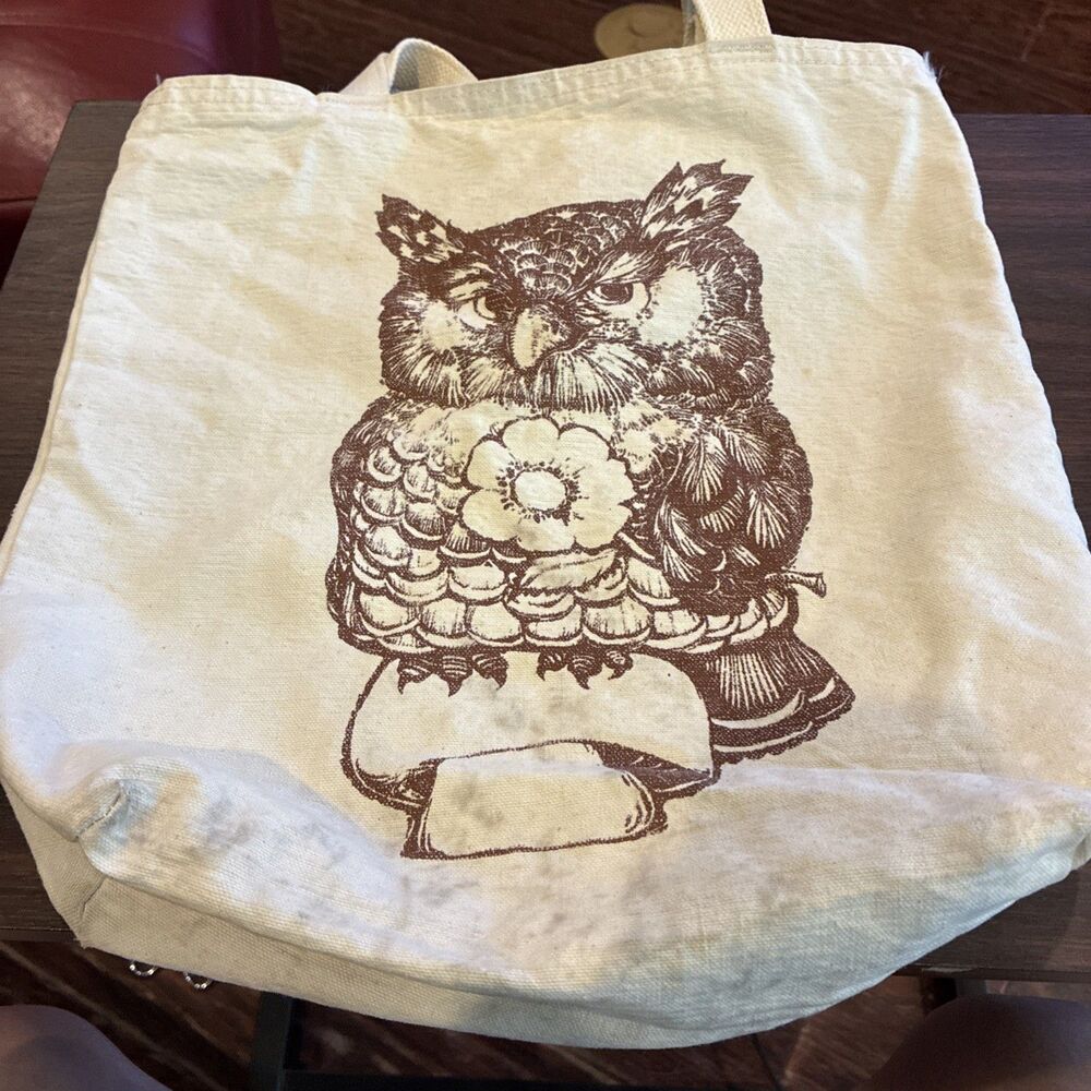 Vintage 1970s Hippie Counterculture Owl on Mushroom Canvas Tote Bag As-Is